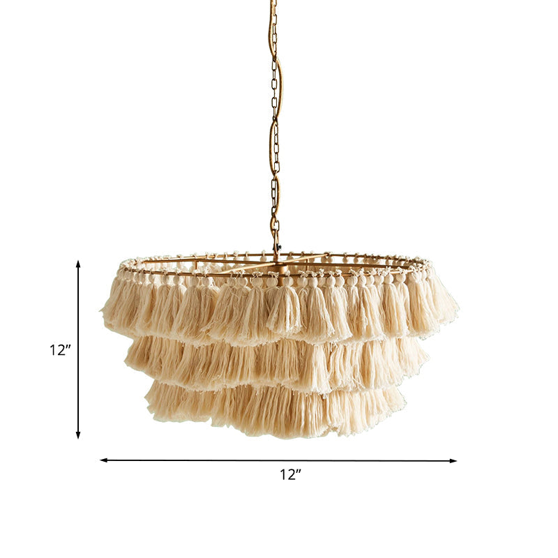 Modernist Pendant Ceiling Light With Hand-Weaved Rope 3-Tier Fringe For Girls Room In Beige