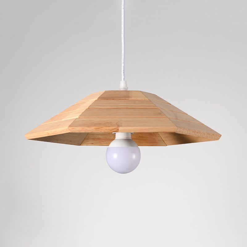 Flare Pendant Ceiling Light: Ridged Wooden Hanging Lamp Kit In Beige - 1-Light Over Table