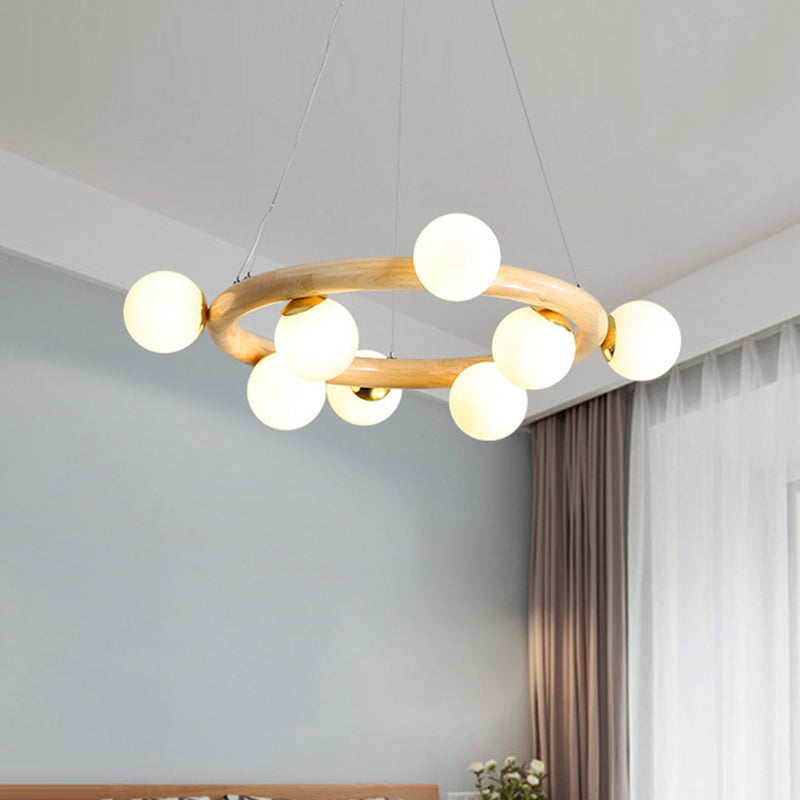 Opal Matte Glass Chandelier With Wood Circle Arm Nordic Design 8 Bulbs Beige Pendant Light