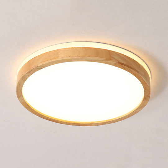 Nordic Beige Led Flushmount Ceiling Light With Wood Tambour Design & Recessed Diffuser -