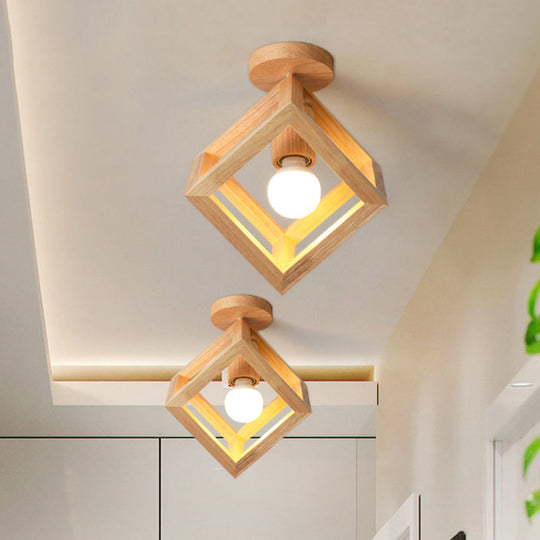 Wooden Cube Cage Semi Flush Nordic Ceiling Light - Beige 1 - Bulb Fixture For Corridor Wood