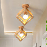 Wooden Cube Cage Semi Flush Nordic Ceiling Light - Beige 1-Bulb Fixture For Corridor Wood