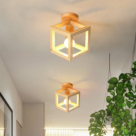 Wooden Cube Cage Semi Flush Nordic Ceiling Light - Beige 1-Bulb Fixture For Corridor