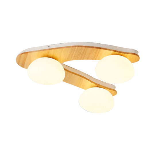 Contemporary 3-Light Wood Beige Ceiling Flush Mount With White Glass Shade