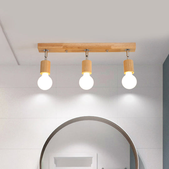 Asian Wood 3-Head Rotatable Flushmount Ceiling Lamp With Bare Bulb Design Modern & Elegant Bathroom