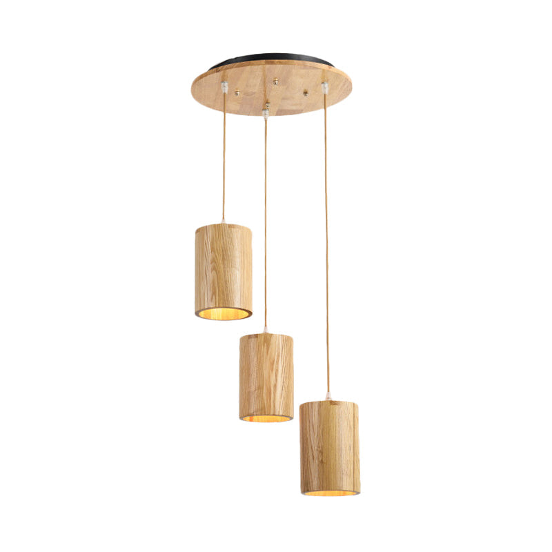 Cottage Wood Pendant Lighting Adjustable Height 3-Head Suspension For Dining Tables