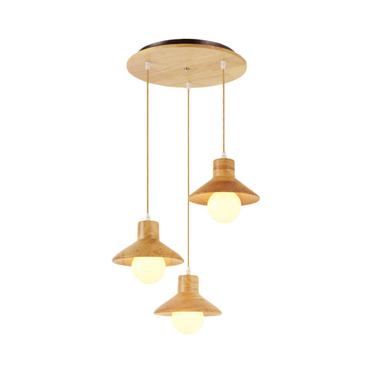 Nordic Flare Pendant Light - Beige Natural Wood Finish (3 Bulbs) Ideal For Dining Table
