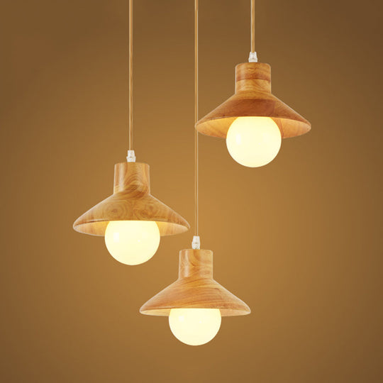Nordic 3-Bulb Beige Flare Hanging Pendant Light With Natural Wood Finish For Dining Table