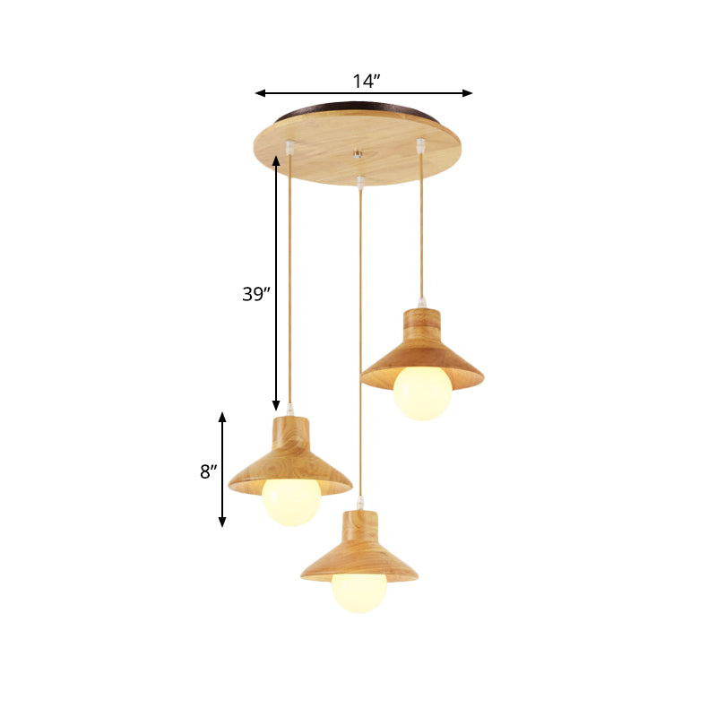 Nordic Flare Pendant Light - Beige Natural Wood Finish (3 Bulbs) Ideal For Dining Table