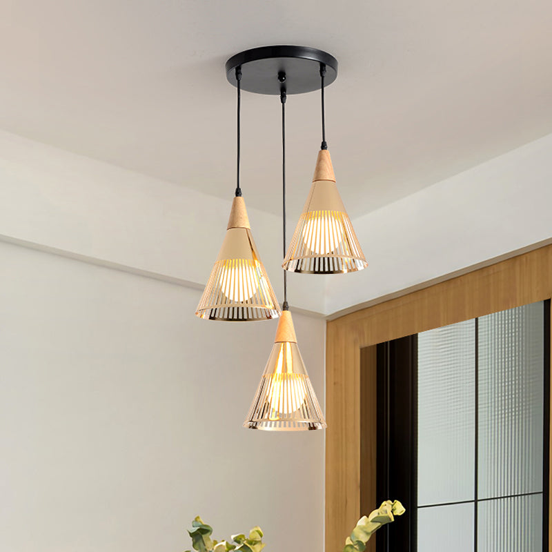 Modern Wooden 3-Light Gold Cage Pendant: Deep Cone Design For Stylish Ceiling Lighting