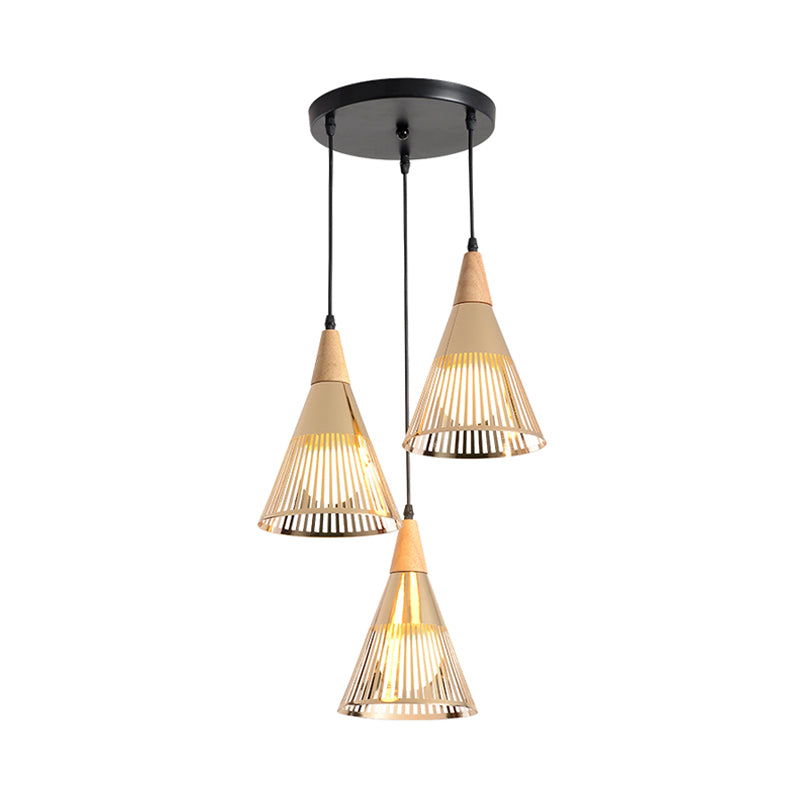 Modern Wooden 3-Light Gold Cage Pendant Ceiling Light