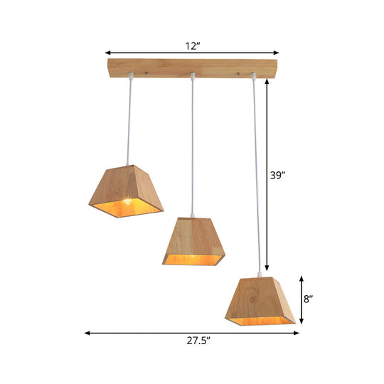 Trapezoid Multi-Light Pendant - Adjustable Nordic 3-Head Ceiling Light Wood Finish