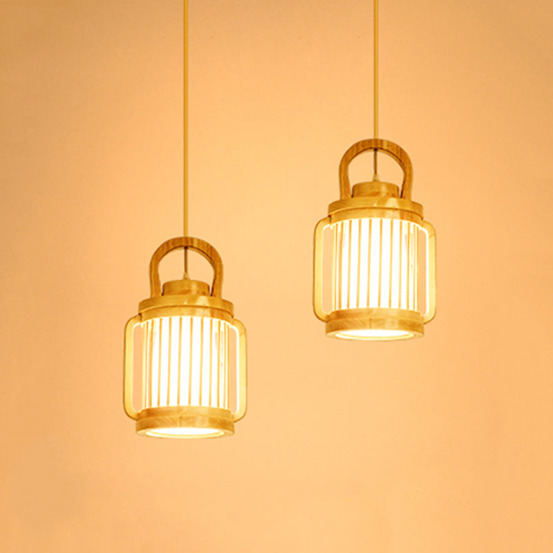 Nordic Beige Water Jug Pendant Light With Wood Shade - 2 Heads Hanging Lamp Multi-Light Ceiling