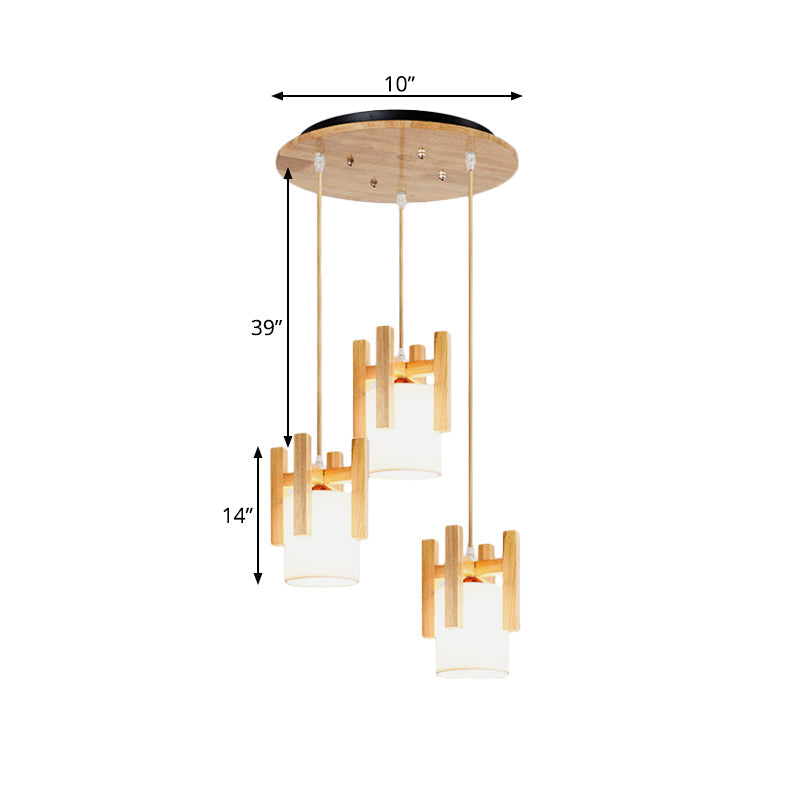 3-Light Modern Beige Pendant Ceiling Lamp With Fabric Shade And Wooden Fence Top