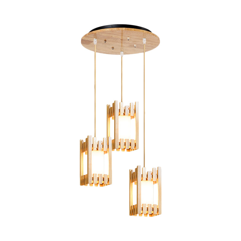 Wooden Cluster Arbor Pendant Asian Ceiling Lamp With Fabric Lampshade - 3 Bulbs Beige Suspension