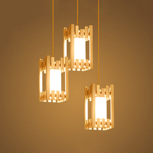 Wooden Asian Pendant Lamp With 3 Beige Fabric Shades
