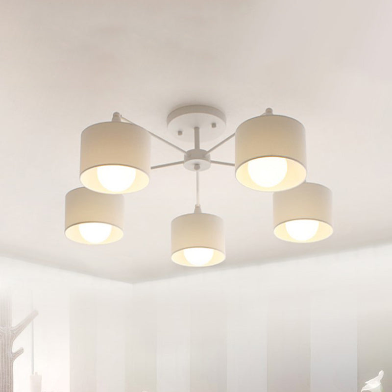 Nordic Fabric Semi Flush Mount Lamp In White - 5 - Bulb Bedroom Ceiling Chandelier