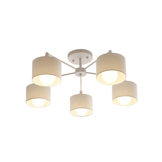 Nordic Fabric Semi Flush Mount Lamp In White - 5-Bulb Bedroom Ceiling Chandelier