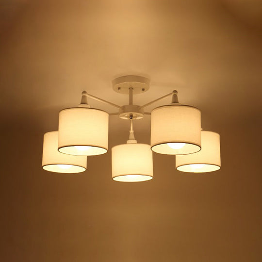 Nordic Fabric Semi Flush Mount Lamp In White - 5 - Bulb Bedroom Ceiling Chandelier