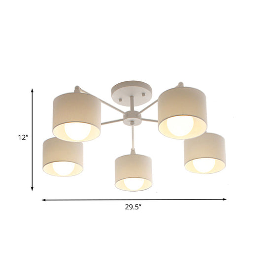 Nordic Fabric Semi Flush Mount Lamp In White - 5 - Bulb Bedroom Ceiling Chandelier