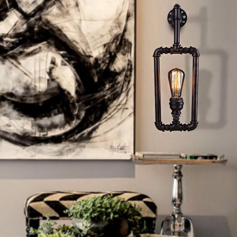 Metallic Water Pipe Industrial Wall Sconce - 1 Light Rectangle Lamp For Living Room In Black