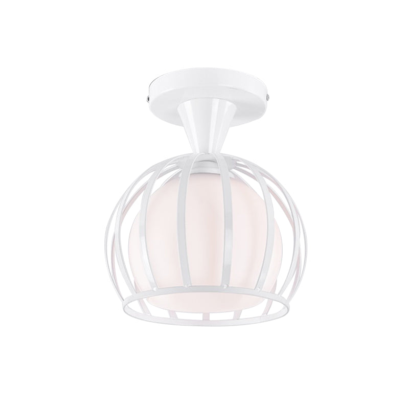 Modern Opal Glass Ceiling Mount Light - Half Globe Semi Flush White With Wire Cage Guard