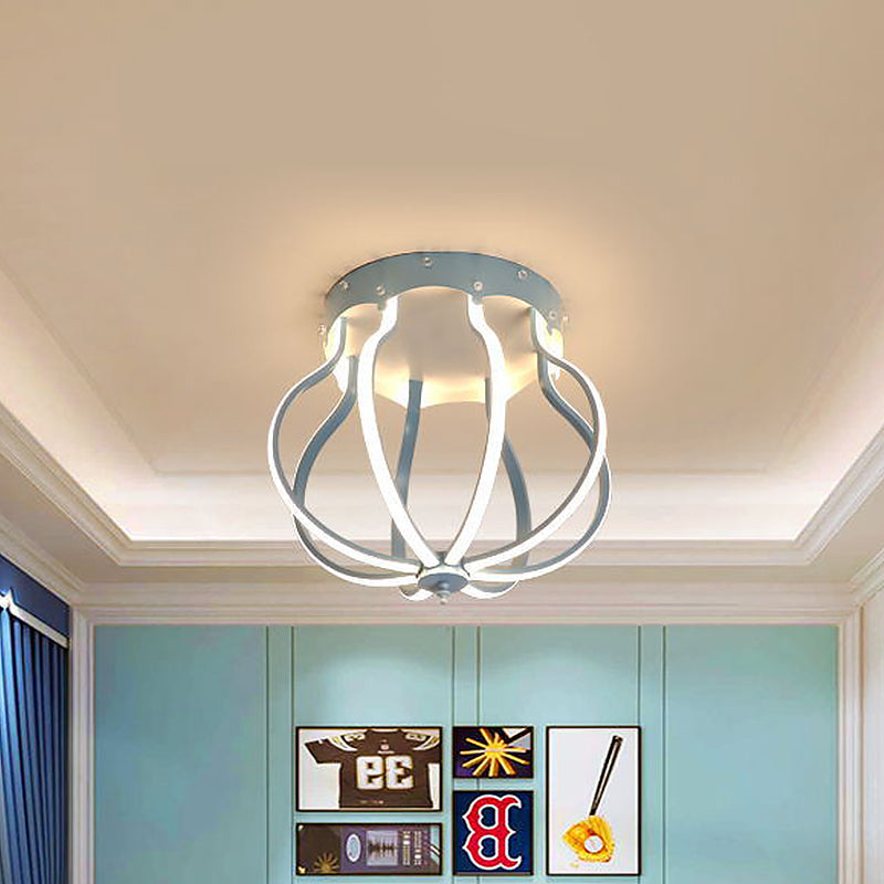 Macaron Style Aluminum Led Ceiling Light - Yellow/Blue Pear Cage Semi Flush Mount For Bedroom