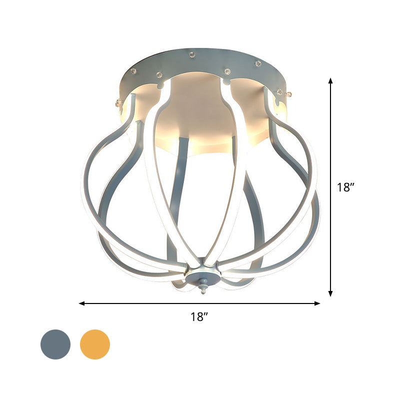 Macaron Style Aluminum Led Ceiling Light - Yellow/Blue Pear Cage Semi Flush Mount For Bedroom