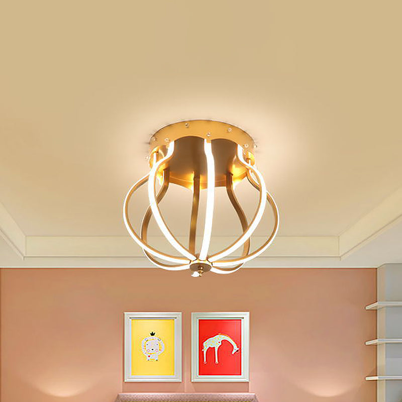 Macaron Style Aluminum Led Ceiling Light - Yellow/Blue Pear Cage Semi Flush Mount For Bedroom