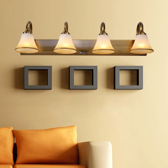 Vintage Opal Glass Bell Wall Mounted Vanity Sconce With Gold Finish And Metal Swooping Arm - 2/3/4