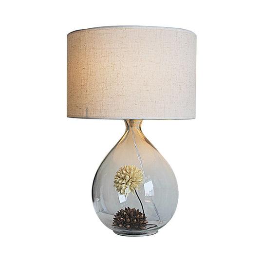 Natalie - Pastoral Drum Restaurant Table Light Fabric 1-Head Cream Gray Night Lamp With Clear Glass
