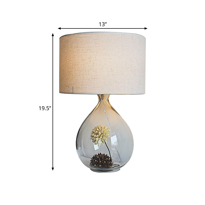 Natalie - Pastoral Drum Restaurant Table Light Fabric 1-Head Cream Gray Night Lamp With Clear Glass