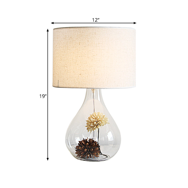 Lara - Pastoral White Drum Night Light Fabric 1-Light Cafe Table Lamp With Vase Clear Glass Base