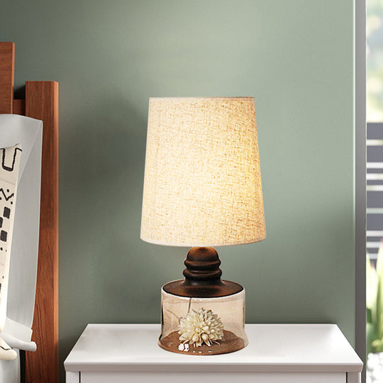 Jade - Pastoral Bucket Table Lamp 1-Bulb Fabric Night Light In Clear/Blue/Black With Dried Flower