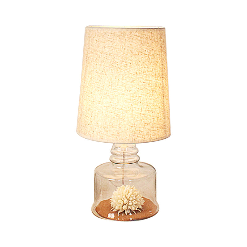 Jade - Pastoral Bucket Table Lamp 1-Bulb Fabric Night Light In Clear/Blue/Black With Dried Flower