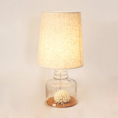 Pastoral 1-Bulb Fabric Night Light With Dried Flower And Glass Base - Clear/Blue/Black Bucket Table