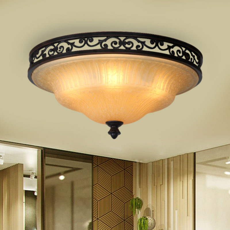 Fluted Glass Led Ceiling Light With Black Cover Lid Traditional Style For Dining Hall -