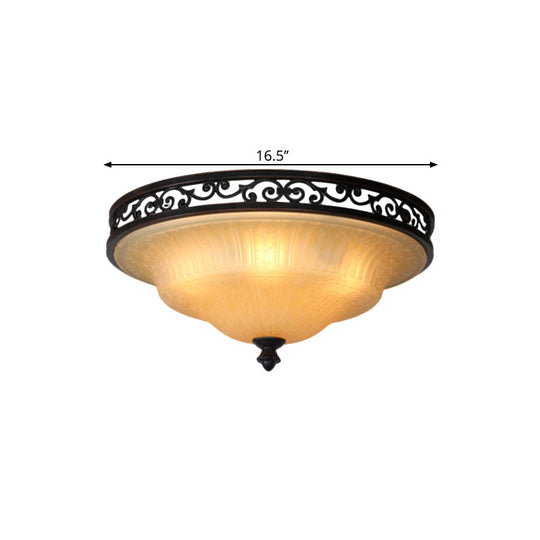 Fluted Glass Led Ceiling Light With Black Cover Lid Traditional Style For Dining Hall -