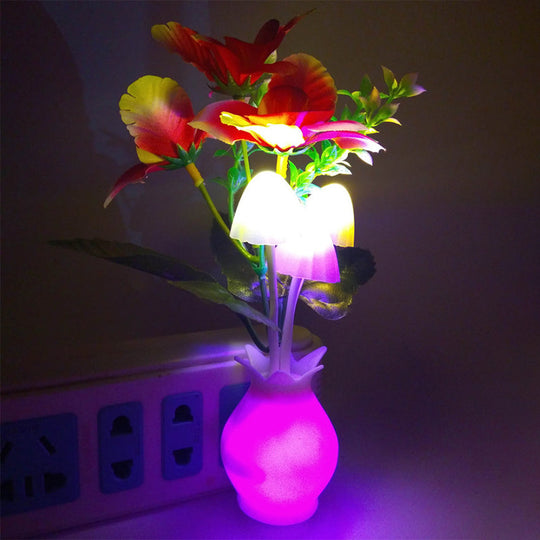 Plug-In Led Night Light: Modern Stylish Red Phalaenopsis Wall Lamp With Plastic Shade Multicolored