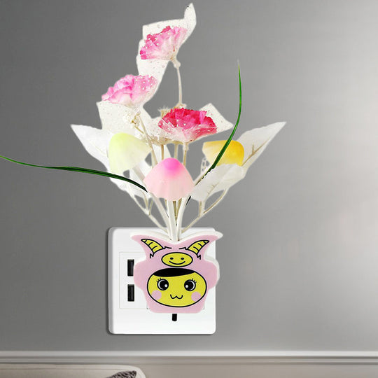 Contemporary Plastic Blooming Flower Wall Nightlight - Yellow/Pink/Peach Led Night Light With Plug