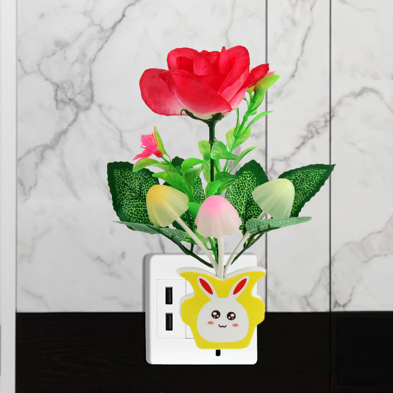 Contemporary Plastic Blooming Flower Wall Nightlight - Yellow/Pink/Peach Led Night Light With Plug