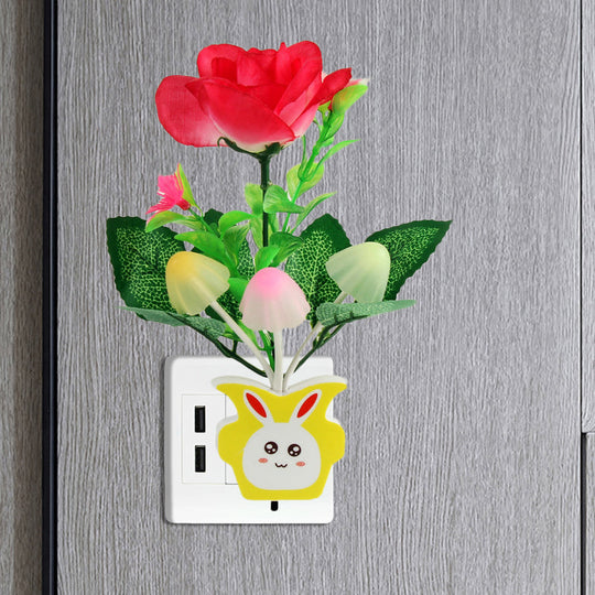 Contemporary Plastic Blooming Flower Wall Nightlight - Yellow/Pink/Peach Led Night Light With Plug