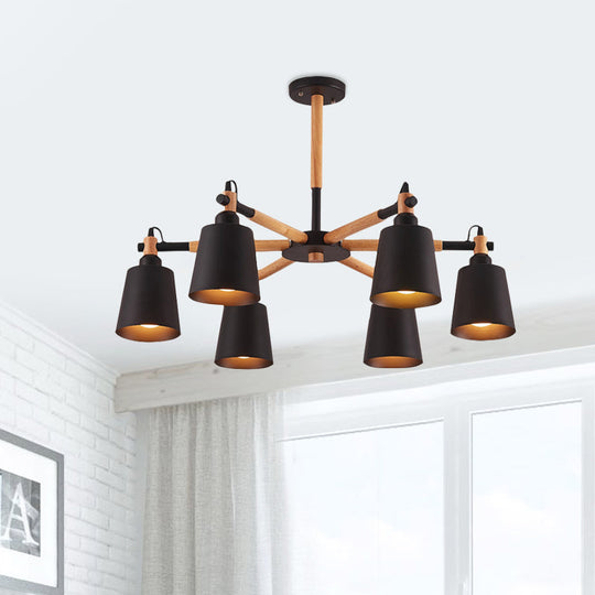 Nordic Metal Chandelier Light With 6 Bulbs & Wooden Arm - Black/White Suspension Lamp For Living
