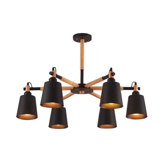 Nordic Metal Cone Chandelier Light With Wooden Arm - 6-Bulb Black/White Suspension Lamp