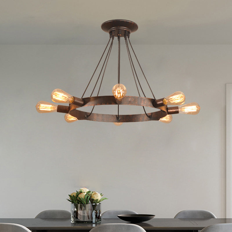 Industrial Metal Circle Design 8-Bulb Chandelier Pendant Light With Exposed Bulbs Brown
