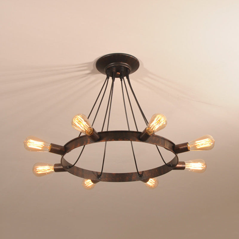 Industrial Metal Circle Design 8-Bulb Chandelier Pendant Light With Exposed Bulbs Brown