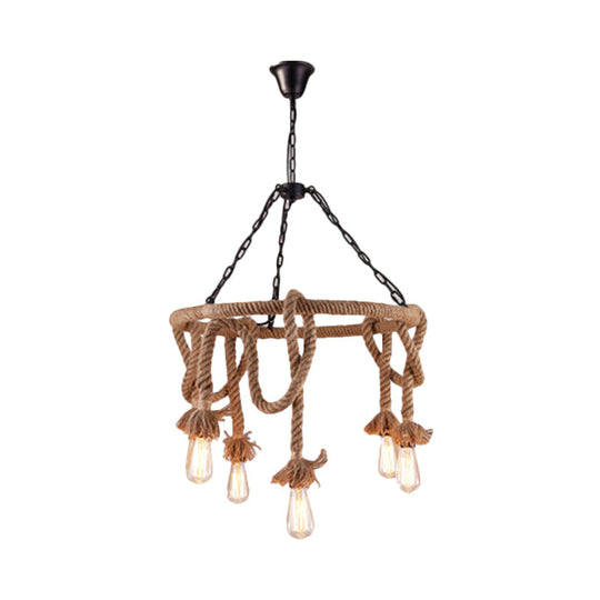 Hemp Rope Brown Pendant Chandelier - 6-Light Countryside Ceiling Light For Restaurant