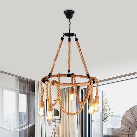 Hemp Rope Brown Pendant Chandelier - 6-Light Countryside Ceiling Light For Restaurant