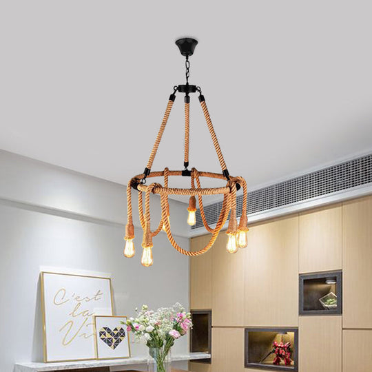 Hemp Rope Brown Pendant Chandelier - 6-Light Countryside Ceiling Light For Restaurant