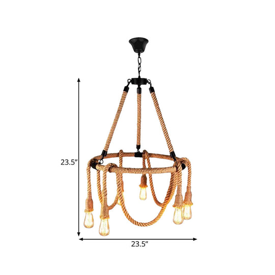 Hemp Rope Brown Pendant Chandelier - 6-Light Countryside Ceiling Light For Restaurant